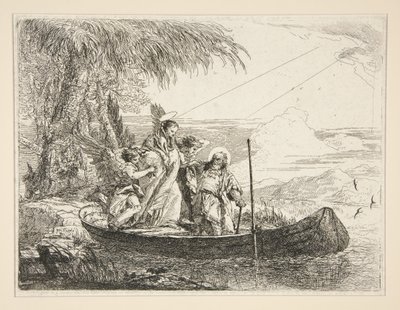 Den hellige familie går om bord i en båt, fra serien Idee pittoresche sopra la fuga in Egitto (Flukten til Egypt) av Giovanni Domenico Tiepolo
