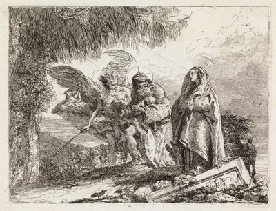 Den hellige familie ledsaget av en engel (Flukten til Egypt XII) av Giovanni Domenico Tiepolo