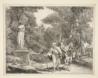 The Holy Family Passing Near a Statue, fra serien Idee pittoresche sopra la fuga in Egitto (Flight into Egypt) av Giovanni Domenico Tiepolo