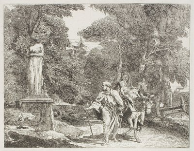 Den hellige familie passerer en statue, hvis hode faller til bakken, plate 22 fra The Flight into Egypt av Giovanni Domenico Tiepolo