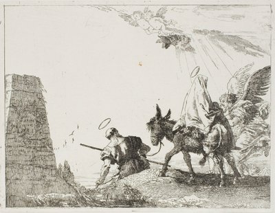 Den hellige familie går forbi en pyramide, tallerken tjue fra The Flight into Egypt av Giovanni Domenico Tiepolo