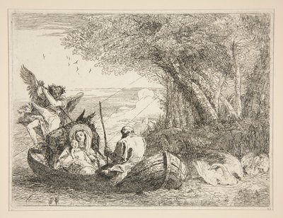 The Holy Family Traveling by Boat, fra serien Idee pittoresche sopra la fuga in Egitto (Flight into Egypt) av Giovanni Domenico Tiepolo