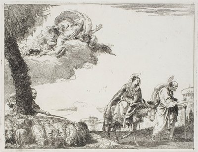 Den hellige familie går langs en bymur. Til venstre, en hyrde med flokken sin og Gud Faderen, plate åtte fra Flukten til Egypt av Giovanni Domenico Tiepolo