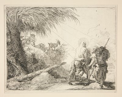 Jomfruen, montert på eselet og sett fra baksiden, fra serien Idee pittoresche sopra la fuga in Egitto (Flight into Egypt) av Giovanni Domenico Tiepolo
