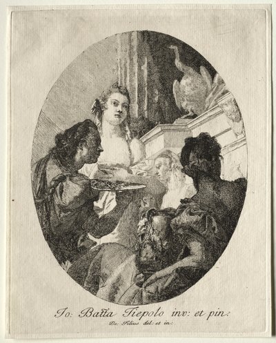 Tre kvinner presenterer gaver av Marc Anthony til Cleopatra. av Giovanni Domenico Tiepolo