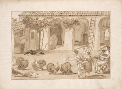 Kalkuner i en venetiansk gård, den tredje tegningen i Tiepolo av Giovanni Domenico Tiepolo