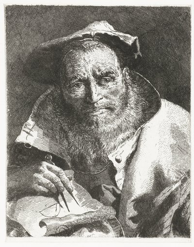 Forsker med beret på hodet og kompass i hånden Samling av hoder (serietittel) Raccolta di Teste (serietittel) av Giovanni Domenico Tiepolo