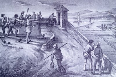 Forsvar av Livorno fra Fort San Pietro, av Giovanni Fattori (1825-1908), gravering av Giovanni Fattori
