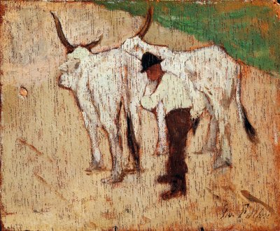 Gjeter og storfe, av Giovanni Fattori (1825-1908), olje på panel av Giovanni Fattori