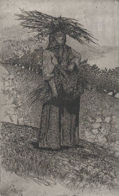 Bondekvinne som samler pinner, 1884-1908. av Giovanni Fattori