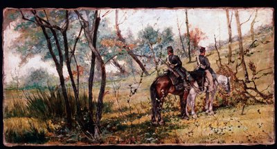 To soldater som rir under trærne (Two horse-legers) - Maleri av Giovanni Fattori