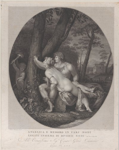 Angelica ligger over fanget til Medoro og skriver navnene deres på en trestamme, 1784-1836. av Giovanni Folo