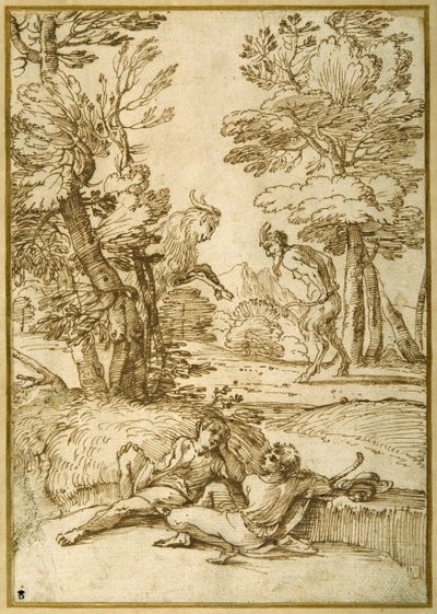 Et landskap med to gjetergutter som hviler, mens en satyr og en geit danser (penn og blekk på papir) av Giovanni Francesco Grimaldi