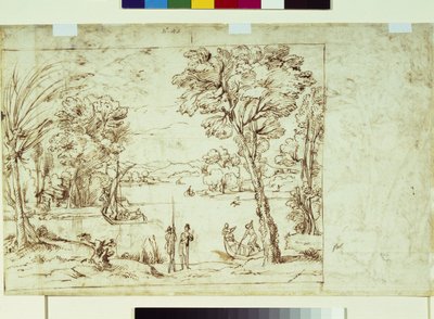 Landskap med figurer på en elvebredd (penn og blekk på papir) av Giovanni Francesco Grimaldi