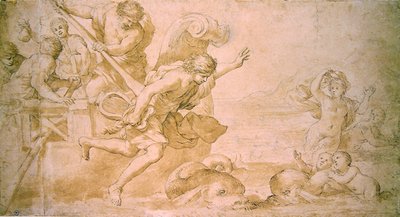 Arion og delfinene (penn og brunt blekk og vask på papir) av Giovanni Francesco Romanelli