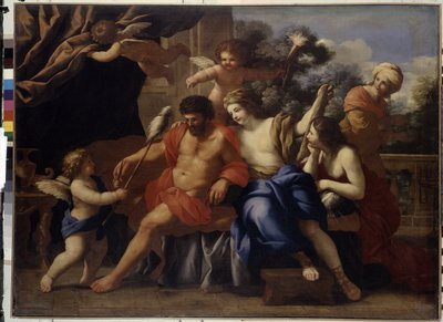 Hercules og Omphale (Hercules og Omphale). Maleri av Giovanni Francesco Romanelli (1610-1662), olje på lerret, ca 1650. Italiensk kunst av Giovanni Francesco Romanelli