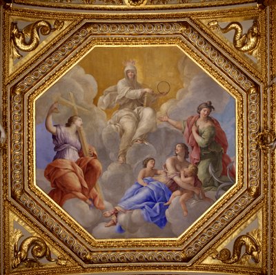 Religion og teologiske dyder (tro, nestekjærlighet, esperanse). Maleri av Giovanni Romanelli (1601-1662) som dekorerer taket i Antonine Hall, soverommet til sommerleilighetene til dronning Anne av Østerrike (1601-1666). Rundt 1655-1658. Paris, Louvre Mus av Giovanni Francesco Romanelli