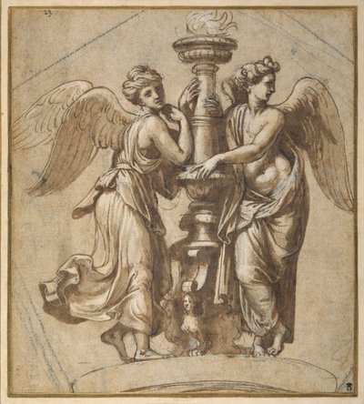 Seirer som omfavner en kandelaber (penn og brunt blekk med svart kritt på papir) av Giovanni Francesco (c.1488 1528) Penni