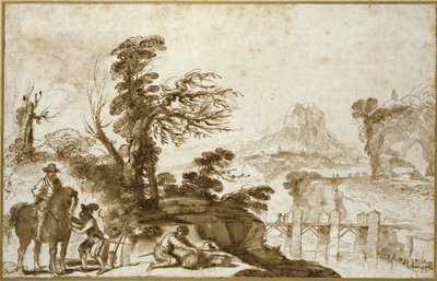 Landskap med en rytter og en bro (penn og vask i brunt blekk med litt svart kritt på off-white papir) av Giovanni Francesco Barbieri
