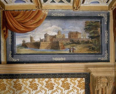 Landlig landskap med bygninger av Giovanni Francesco Barbieri