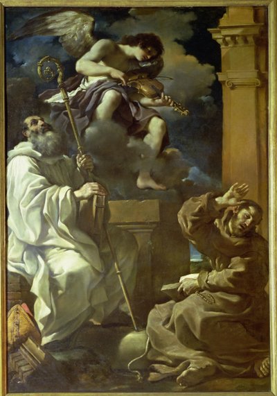 St. Francis (1182-1226) i Ecstasy og St. Benedict (480-527) med en engelmusiker, 1620 av Giovanni Francesco Barbieri