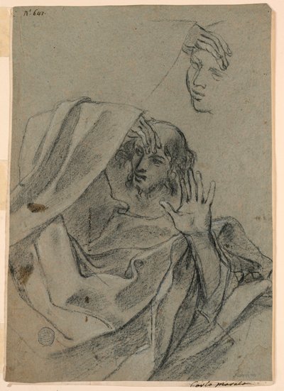 Tegnestudier med kvinneansikt og mann tilbakelent, og høyre hånd med underarm av Giovanni Francesco Barbieri