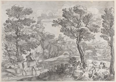 En gruppe mennesker som spiller kort til høyre og en mann på hesteryggen til venstre, 1626-80. av Giovanni Francesco Grimaldi