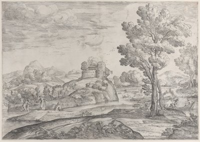 Et hus på toppen av en rund stein i midten, mennesker i elven og i kanoer, 1626-80. av Giovanni Francesco Grimaldi