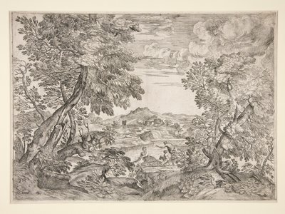 Landskap med tre menn ved en elv av Giovanni Francesco Grimaldi