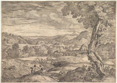 Landskap med teglfabrikk i mellomgrunnen, en stående mann i forgrunnen p..., 1626-80. av Giovanni Francesco Grimaldi