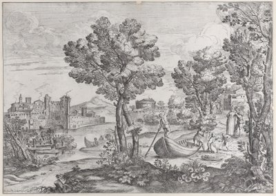 Landskap med en mann som holder en slange til et livredd barn, overvåket av en moteriktig dre..., 1626-80. av Giovanni Francesco Grimaldi