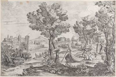 Landskap med en mann som holder en slange til et livredd barn, overvåket av en moteriktig dre..., 1626-80. av Giovanni Francesco Grimaldi