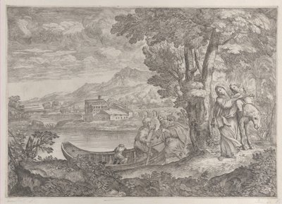 Landskap med flukten inn i Egypt, 1626-80. av Giovanni Francesco Grimaldi