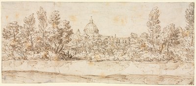 Elvelandskap med utsikt over Peterskirken, etter 1660. av Giovanni Francesco Grimaldi