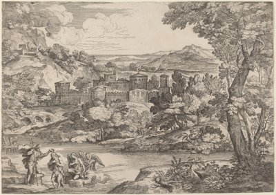 Kristi dåp, satt i et fjellandskap av Giovanni Francesco Grimaldi