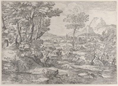 Tre gutter i et landskap med en by i bakgrunnen, 1626-80. av Giovanni Francesco Grimaldi