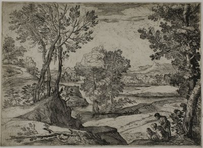 Kvinne, hennes barn og en stående mann i et landskap av Giovanni Francesco Grimaldi