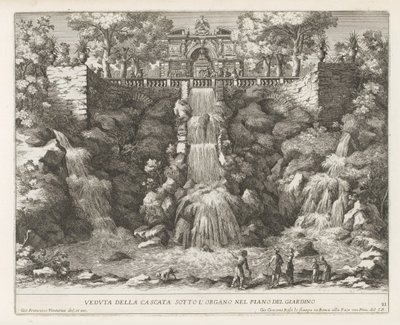 Cascade in de tuinen van de Villa d'Este te Tivoli Utsikt over fossen under orgelet i hagenivået (tittel på objekt) Fontenene i Estense-hagen i Tivoli (serietittel) Fonteinen in de tuinen van Villa d'Este te Tivoli (serietittel) av Giovanni Francesco Venturini