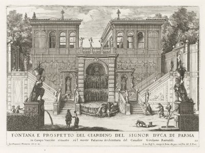 Farnesische Tuinen te Roma Fontene og forhøyning av hagen til hertugen av Parma (...) (tittel på objekt) Fontenene i palassene og hagene i Roma (serietittel) Fonteinen in de paleizen en tuinen van Rome (serietittel) av Giovanni Francesco Venturini