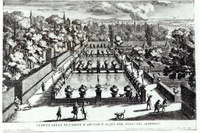 Fiskedammene ved Villa dEste, Tivoli, fra Le Fontane av Giovanni Battista Falda (ca. 1648-1787), utgitt av 1689 av Giovanni Francesco Venturini