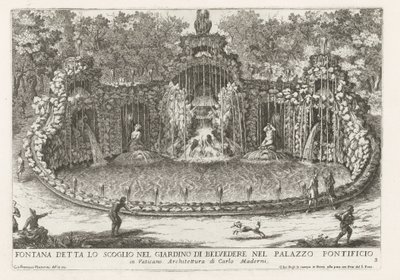Drakens fontene i de Vaticaanse tuinen Fontene kalt klippen i Belvedere-hagen i pavepalasset (...) (tittel på objekt) Fontenene i palassene og hagene i Roma (serietittel) Fonteinen in de paleizen en tuinen van Rome (serie av Giovanni Francesco Venturini