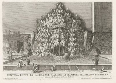 Fountain of the Galera i de Vaticaanse tuinen Fontene kalt byssa i Belvedere-hagen til pavepalasset (...) (tittel på objekt) Fontenene i palassene og hagene i Roma (serietittel) Fonteinen in de paleizen en tuinen van Rome (serie av Giovanni Francesco Venturini