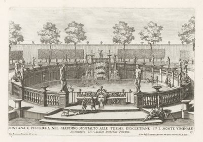 Fontene og fiskedam i hagen til Villa Montalto i Roma Fontana e pischiera nel giardino Montalto alle Terme Diocletiane (...) (tittel på objekt) Le fontane ne palazzi e ne giardini di Roma (serietittel) Fontener i palassene og hagene til Ro av Giovanni Francesco Venturini