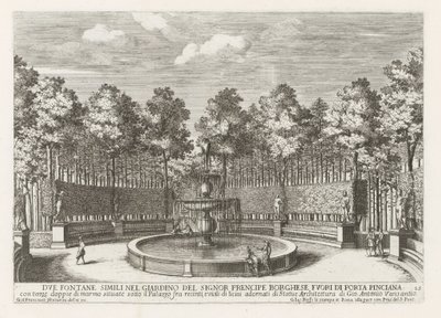 Fontein in de Villa Borghese te Roma To lignende fontener i hagen til Signor precipe Borghese (...) (tittel på objekt) Fontenene i palassene og hagene i Roma (serietittel) Fonteinen in de paleizen en tuinen van Rome (serietittel) av Giovanni Francesco Venturini