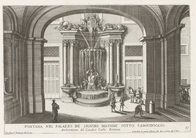 Fontein på plass på Palazzo Massimo di Rignano te Roma Fontene i Palazzo de Signori Massimi under Campidoglio (tittel på objekt) Fontenene i palassene og hagene i Roma (serietittel) Fonteinen in de paleizen en tuinen van Roma (seriøs av Giovanni Francesco Venturini