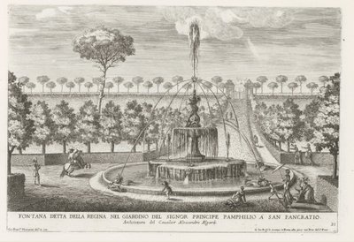 Fontein in the gardenen av Villa Doria Pamphilj te Roma Fontene kjent som dronningen i hagen til prins Pamphilio i San Pancratio (tittel på objekt) Fontenene i palassene og hagene i Roma (serietittel) Fonteinen in de paleizen en tuinen v av Giovanni Francesco Venturini