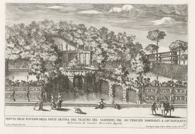 Fontein in the gardenen av Villa Doria Pamphilj te Roma Utsikt over fontenene på høyre side av hageteateret (...) (tittel på objekt) Fontenene i palassene og hagene i Roma (serietittel) Fonteinen in de paleizen en tuinen van Rome (serie av Giovanni Francesco Venturini