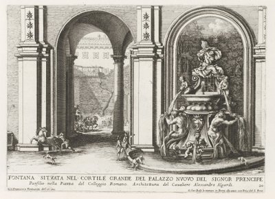 Fontein in een binnenplaats van het Palazzo Doria Pamphilj te Rome Fontana situata nel cortile grande del Palazzo Nuovo del signor prencipe (...) (title on object) Le fontane ne palazzi e ne giardini di Roma (series title) Fonteinen in de paleizen en tu    av Giovanni Francesco Venturini