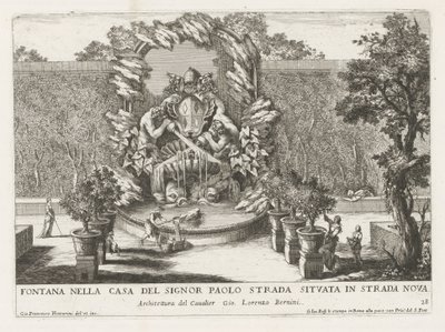 Fontene med pavelig våpenskjold, to tritoner og delfiner Fontana nella casa del signor Paolo strada situata in strada nova (tittel på objekt) Le fontane ne palazzi e ne giardini di Roma (serietittel) Fontener i palassene og hagene i Roma ( av Giovanni Francesco Venturini