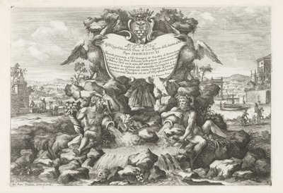 Fontene med dedikasjon og våpenskjold av Livio Odescalchi Le fontane ne palazzi e ne giardini di Roma (serietittel) Fontener i palassene og hagene i Roma (serietittel) av Giovanni Francesco Venturini
